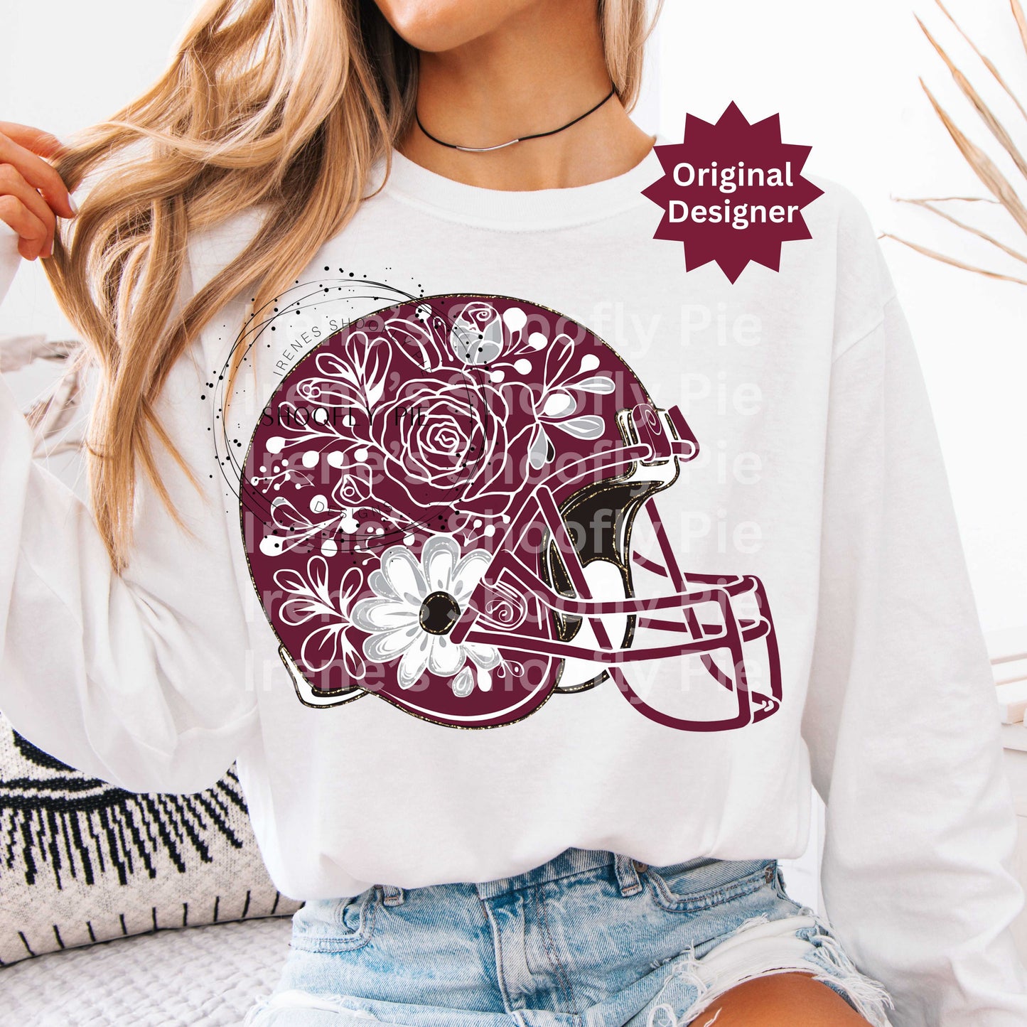 Football Helmet Maroon and White Floral PNG