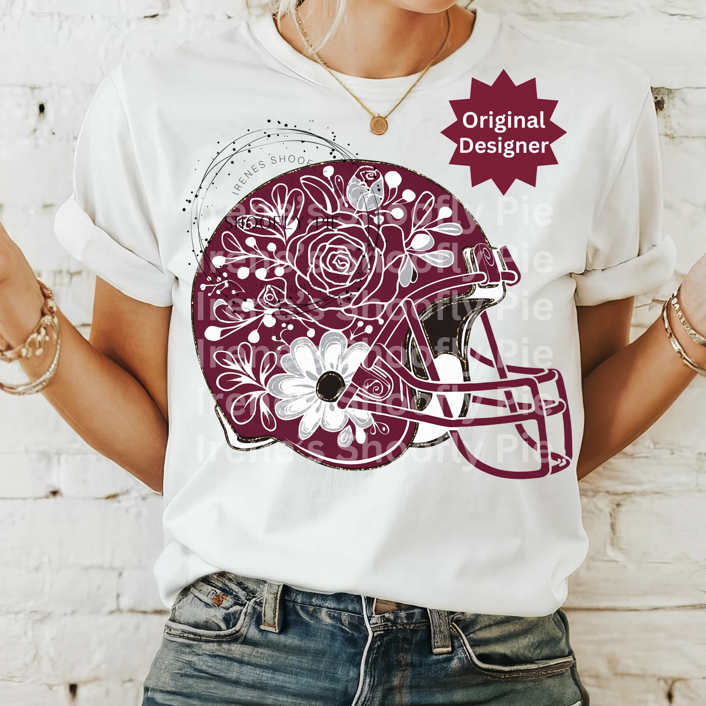 Football Helmet Maroon and White Floral PNG