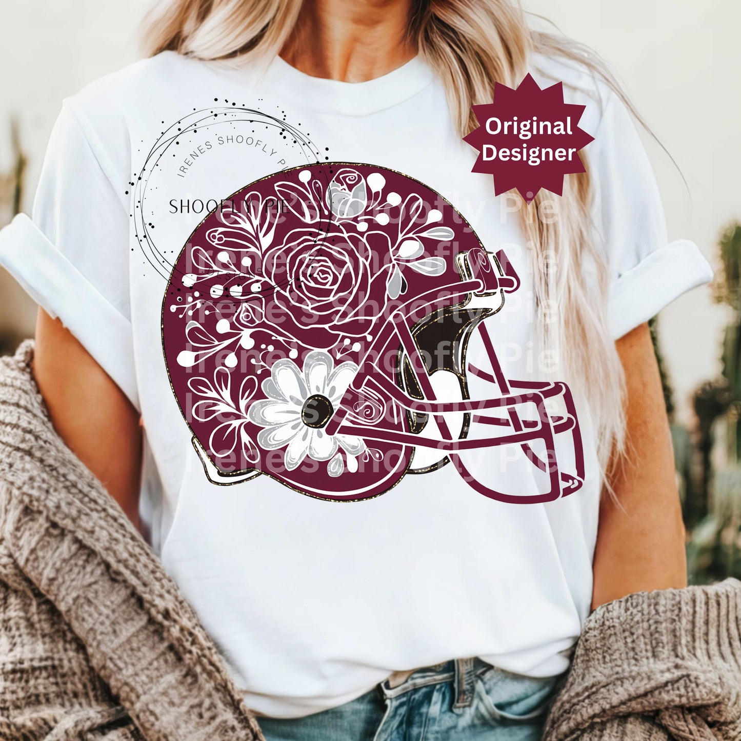 Football Helmet Maroon and White Floral PNG