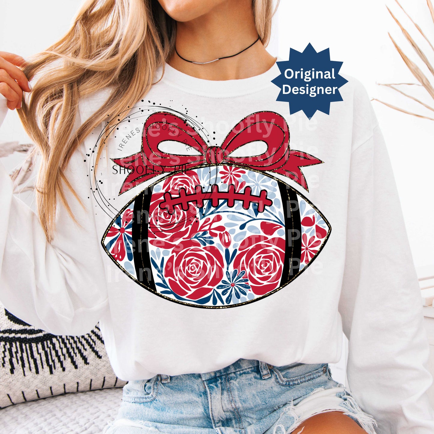 Floral Coquette Football Red and Blue Png - Game Day T-shirt Design Png