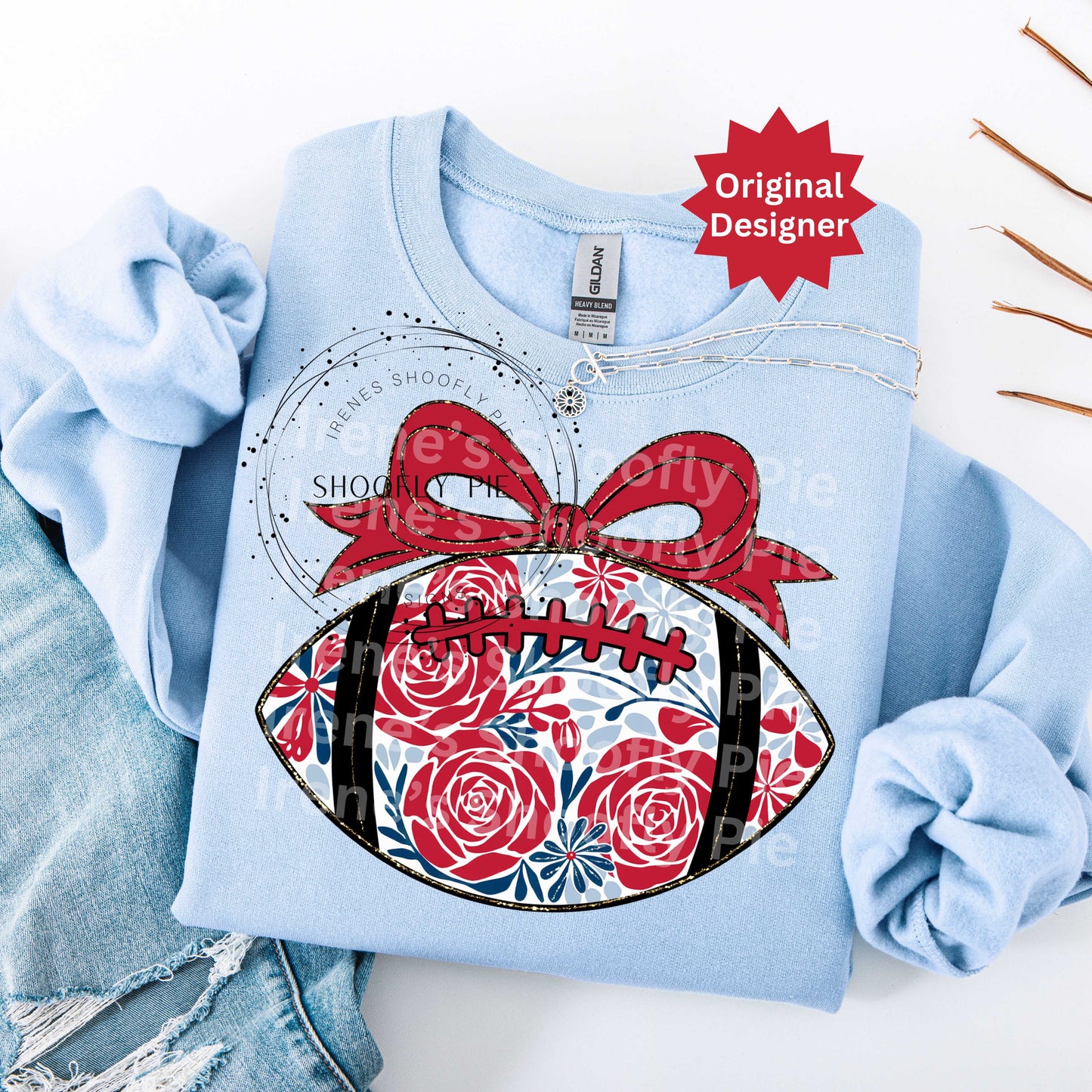 Floral Coquette Football Red and Blue Png - Game Day T-shirt Design Png