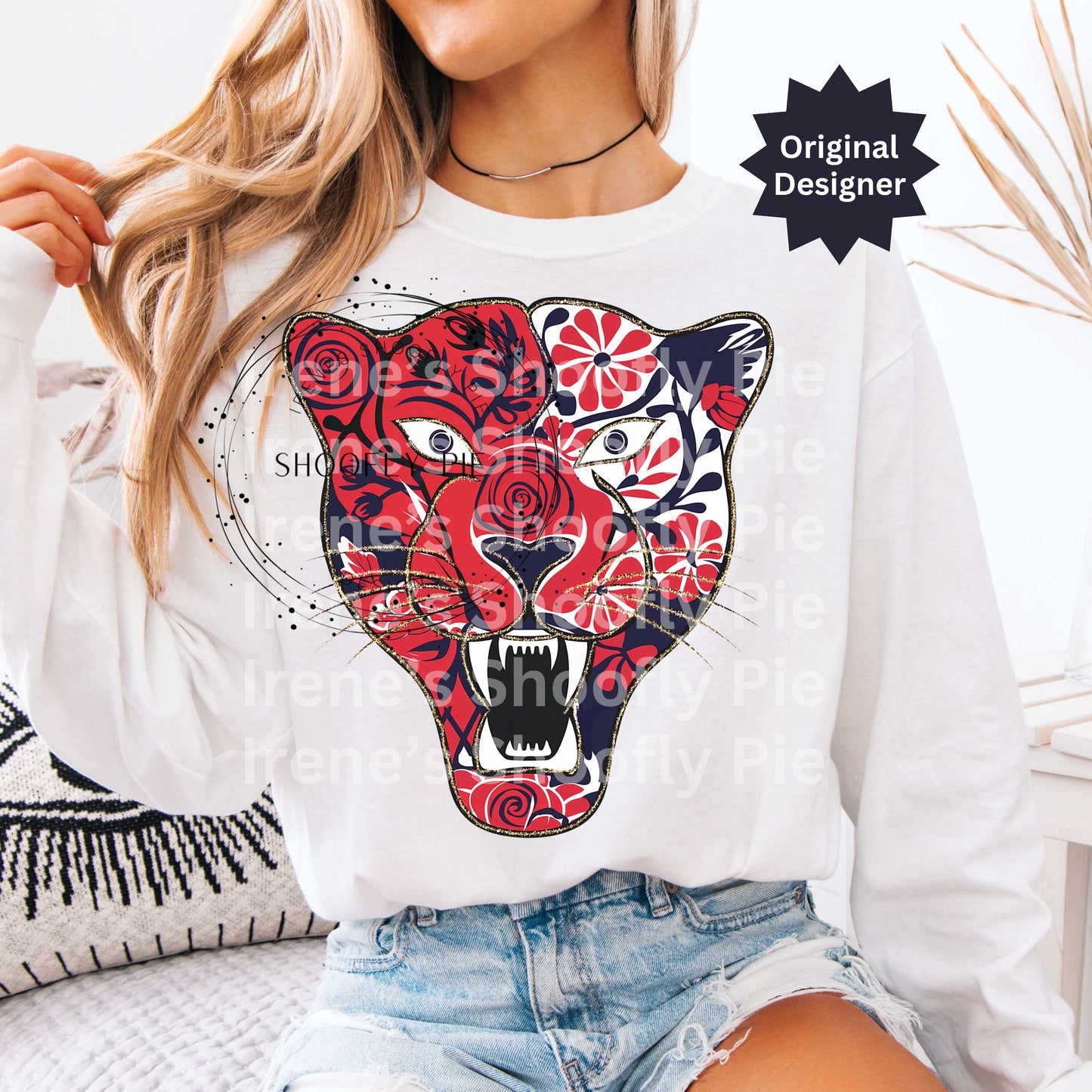 Panther Red and Navy Png, Panther Mascot Png. Floral Panther Tshirt Design