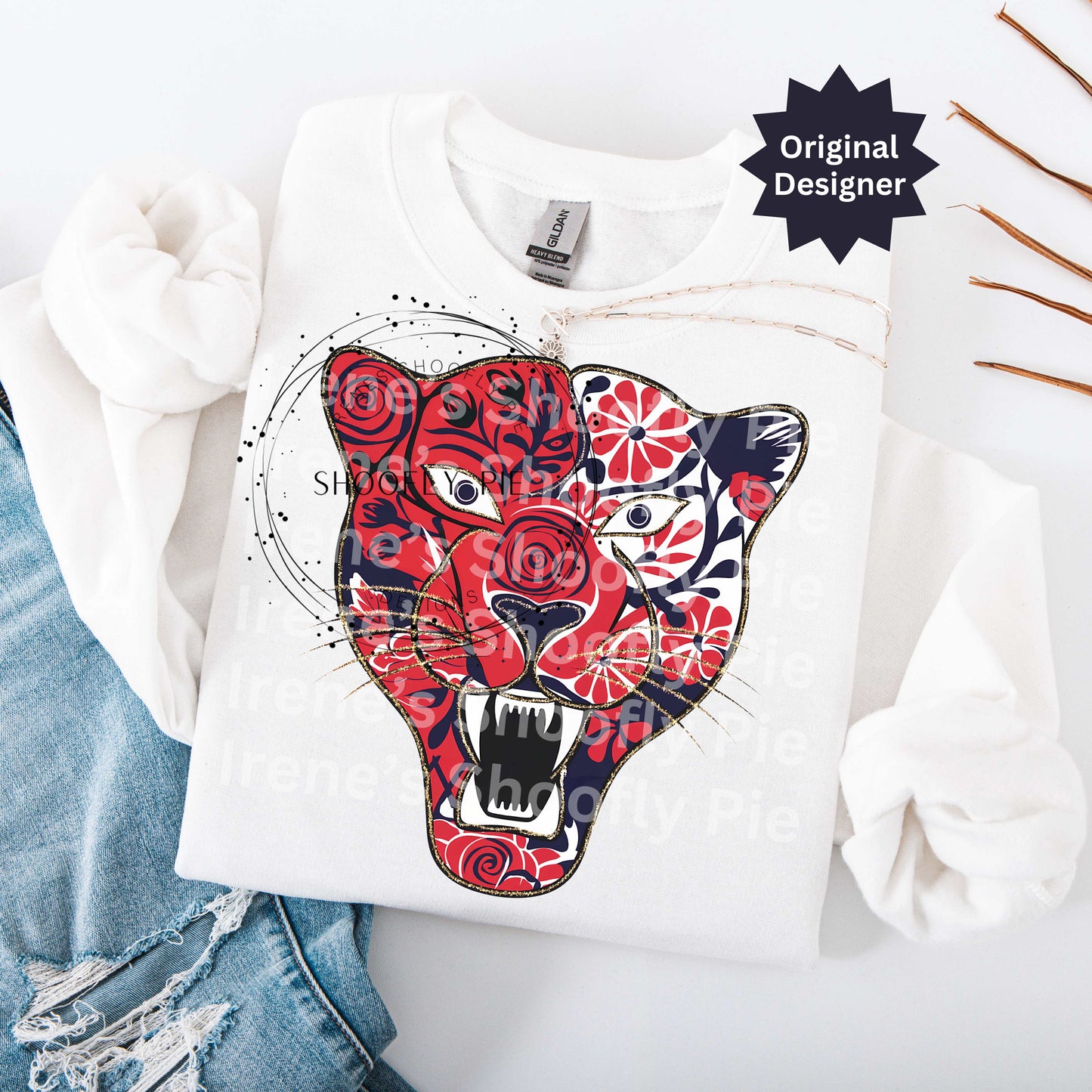 Panther Red and Navy Png, Panther Mascot Png. Floral Panther Tshirt Design