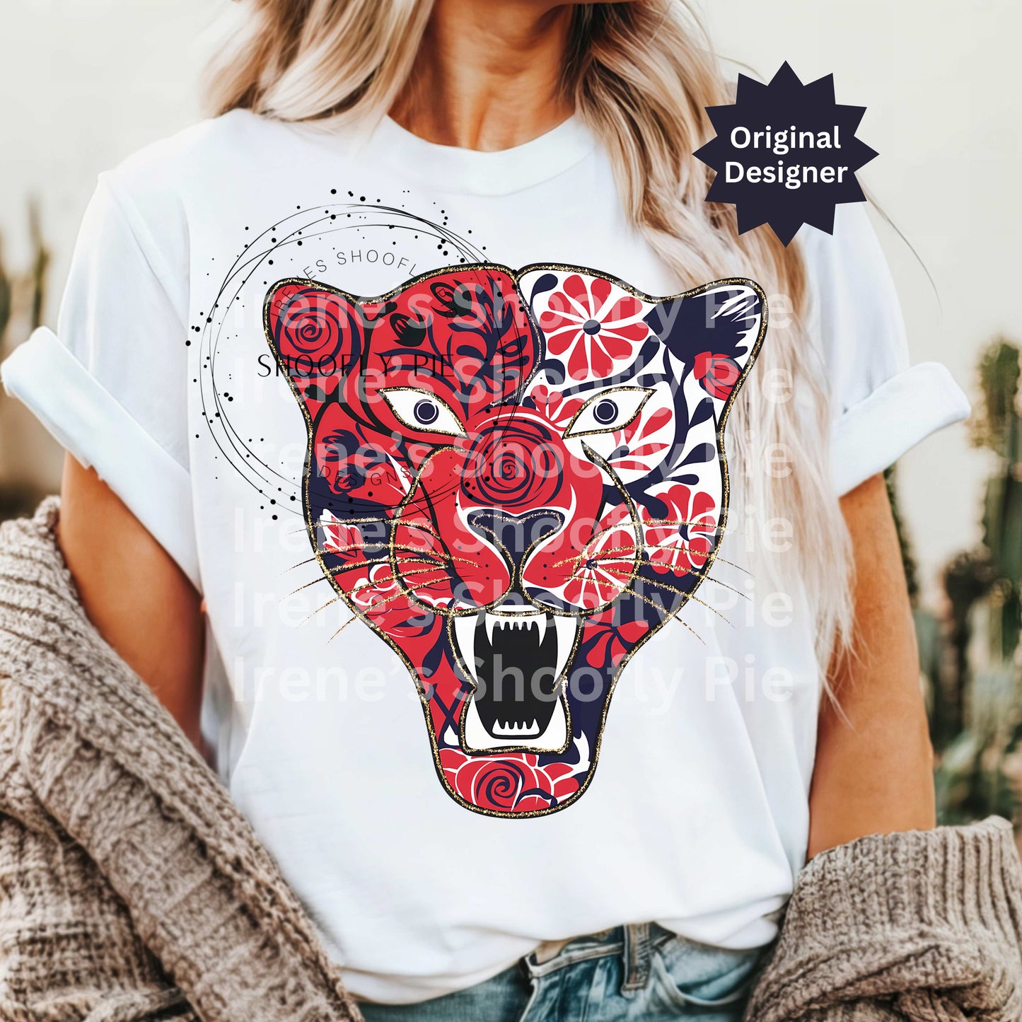 Panther Red and Navy Png, Panther Mascot Png. Floral Panther Tshirt Design
