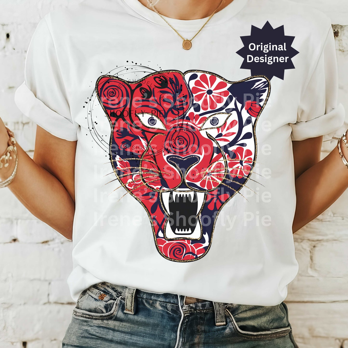 Panther Red and Navy Png, Panther Mascot Png. Floral Panther Tshirt Design