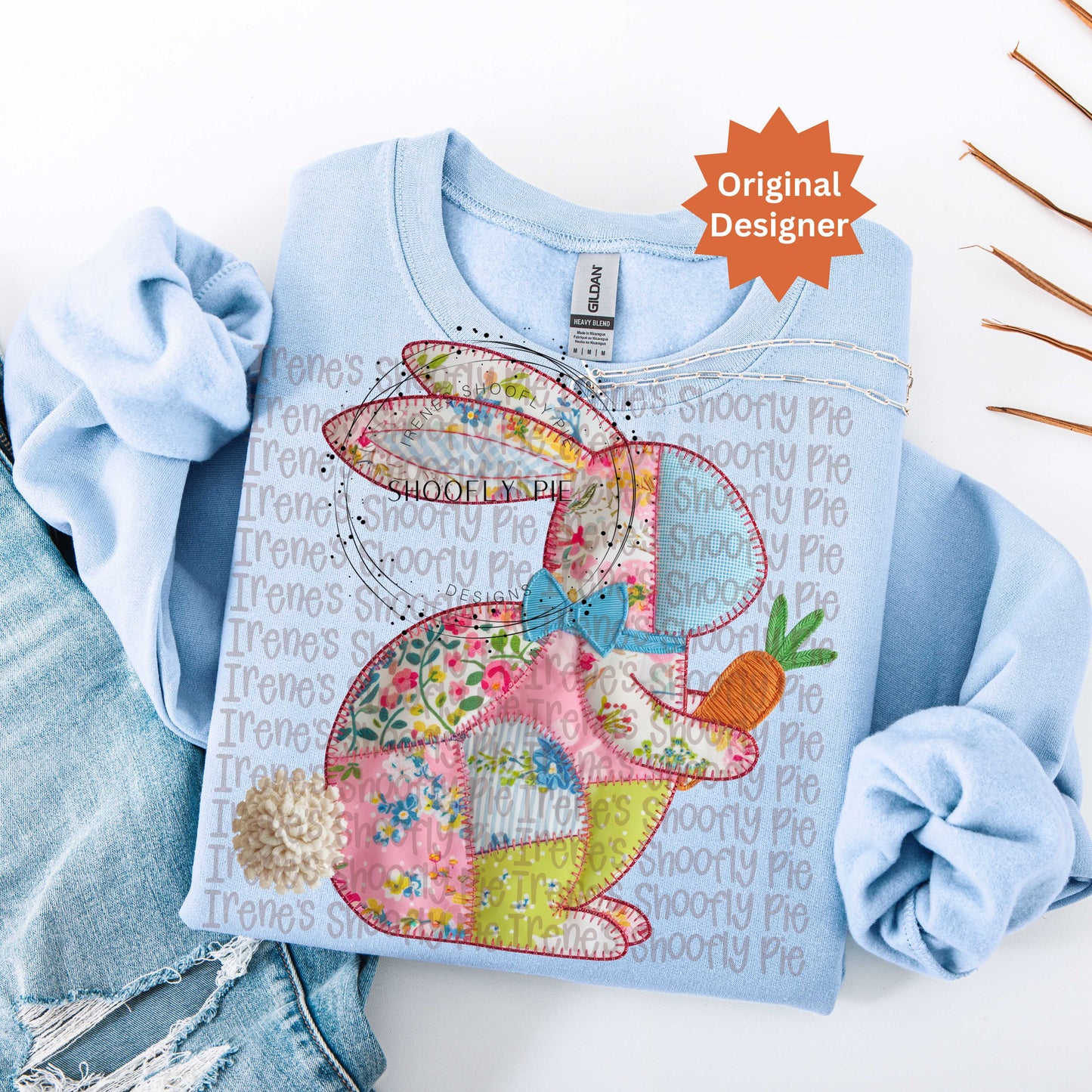 Coquette Patchwork Easter Bunny WIth Carrot PNG