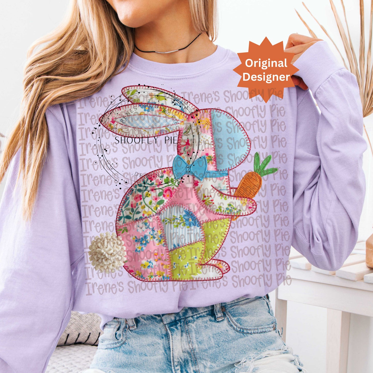 Coquette Patchwork Easter Bunny WIth Carrot PNG