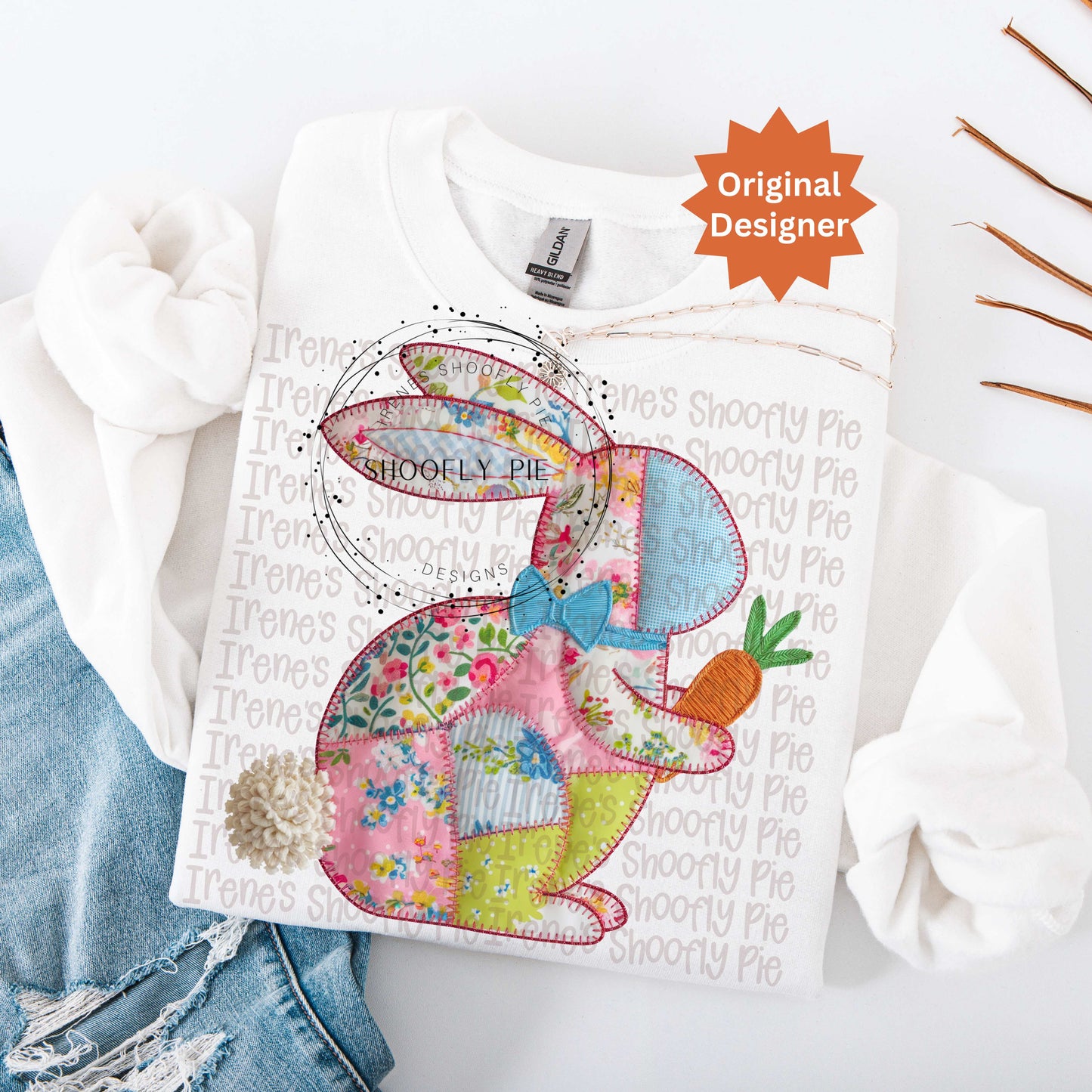 Coquette Patchwork Easter Bunny WIth Carrot PNG