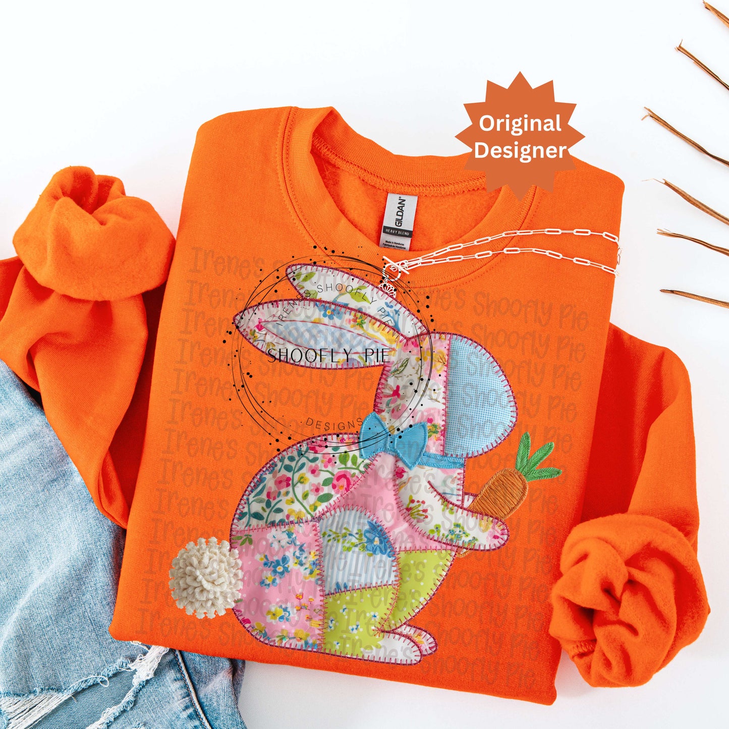 Coquette Patchwork Easter Bunny WIth Carrot PNG