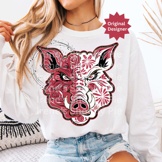 Razorback Pig Png, Floral Razorback Pig Mascot Png, Game Day Sports PNG