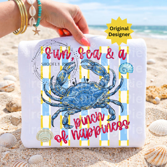 Sea Sun and a Pinch of Happiness Summer Crab Design PNG