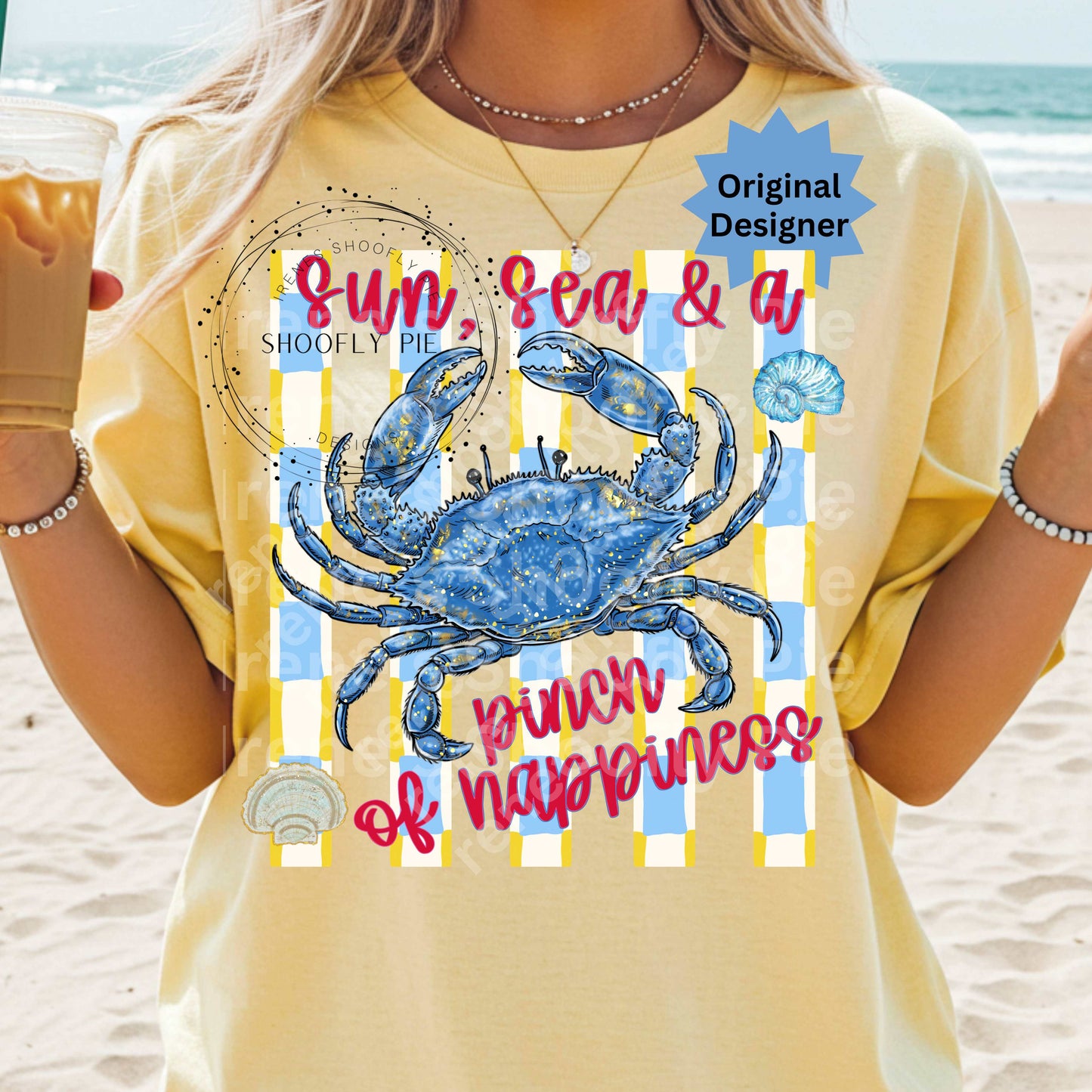 Sea Sun and a Pinch of Happiness Summer Crab Design PNG