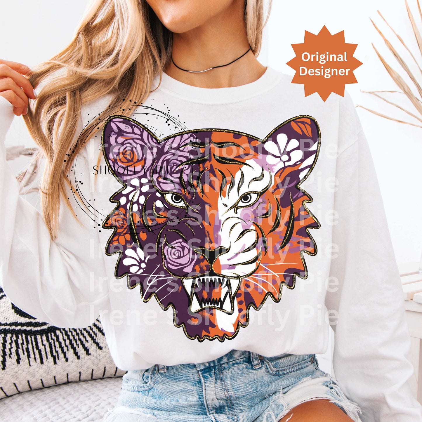 Tiger Orange and Purple Png, Tiger Mascot Png, Floral Tiger Png