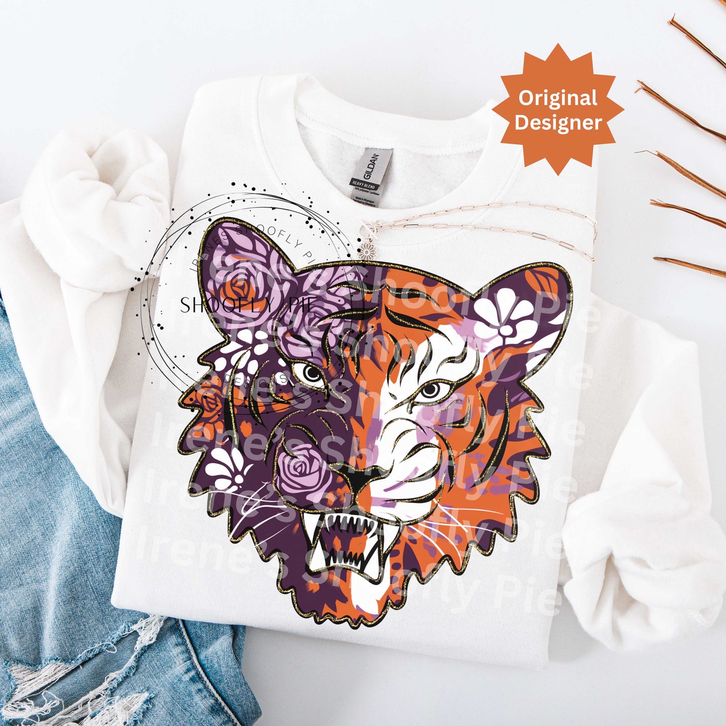 Tiger Orange and Purple Png, Tiger Mascot Png, Floral Tiger Png