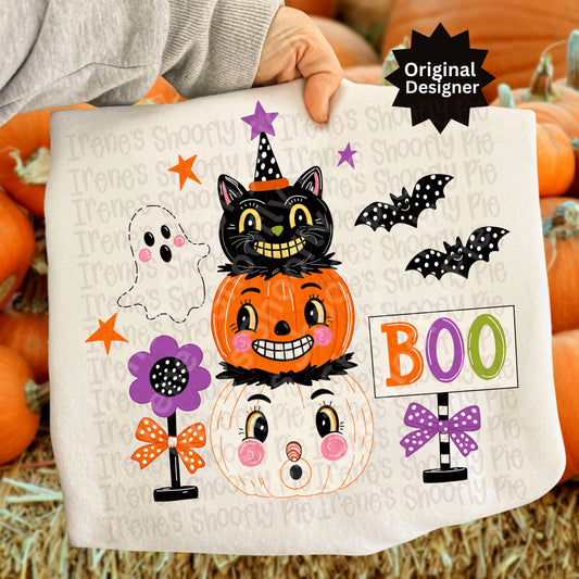 Vintage Halloween Pumpkins and Bats PNG
